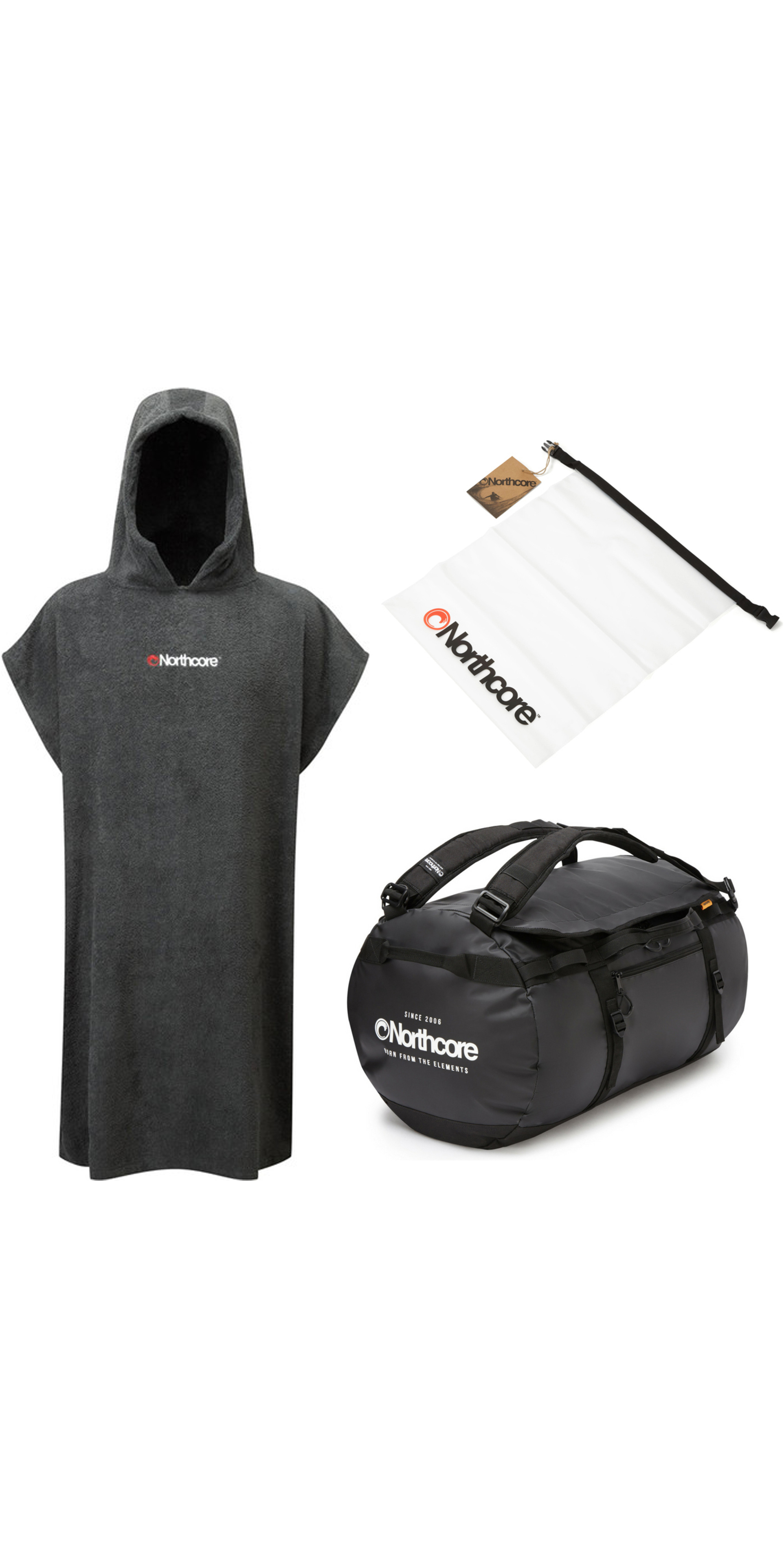 2025 Northcore Beach Basha Hooded Towel Changing Robe, 85L Duffel Bag & Waterproof Wetsuit Bag Bundle NC24BC - Grey / Black